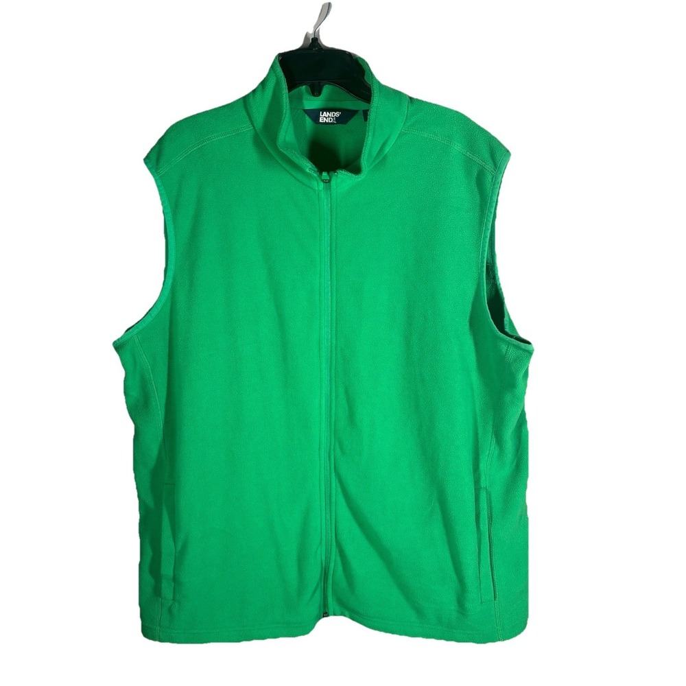 Lands' End Vest Mens XL 46-48 Green Fleece Full Zip Cozy Pockets